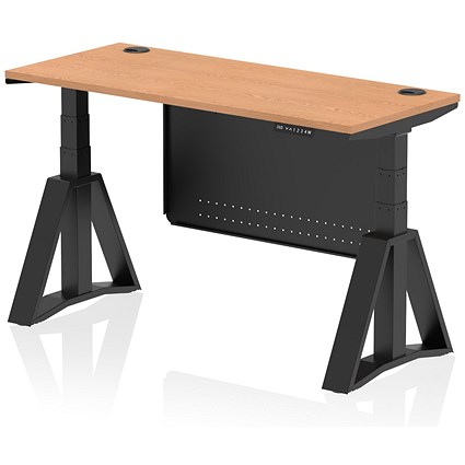 Air Modesty 1400mm Slim Height Adjustable Cable Ports Desk, Black Leg and Modesty Panel, Oak