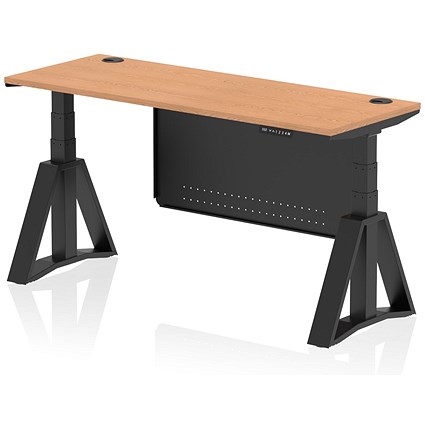 Air Modesty 1600mm Slim Height Adjustable Cable Ports Desk, Black Leg and Modesty Panel, Oak