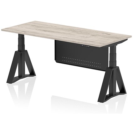 Air Modesty 1800mm Height Adjustable Desk, Black Leg with Piste Foot and Modesty Panel, Grey Oak