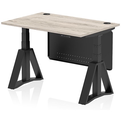 Air Modesty 1200mm Height Adjustable Cable Port Desk, Black Leg with Piste Foot and Modesty Panel, Grey Oak