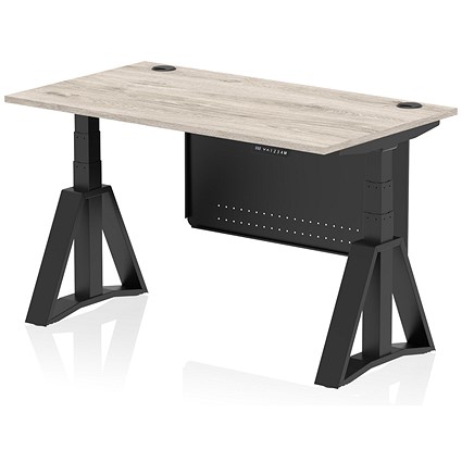 Air Modesty 1400mm Height Adjustable Cable Port Desk, Black Leg with Piste Foot and Modesty Panel, Grey Oak