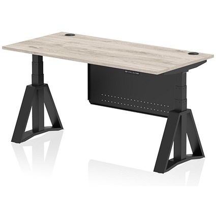 Air Modesty 1600mm Height Adjustable Cable Ports Desk, Black Leg and Modesty Panel, Grey Oak