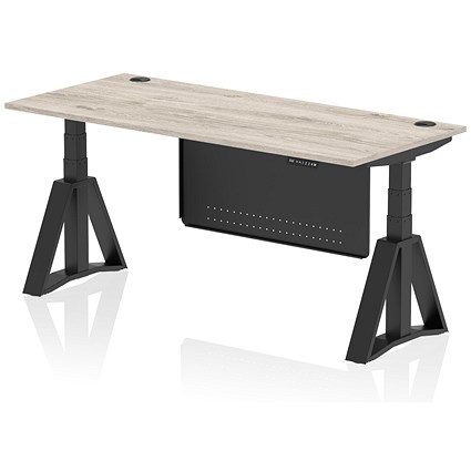 Air Modesty 1800mm Height Adjustable Cable Port Desk, Black Leg with Piste Foot and Modesty Panel, Grey Oak