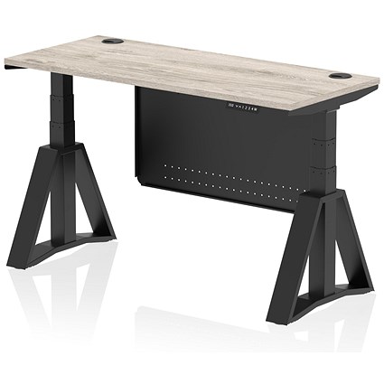 Air Modesty 1400mm Slim Height Adjustable Cable Ports Desk, Black Leg and Modesty Panel, Grey Oak