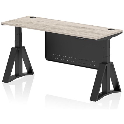 Air Modesty 1600mm Slim Height Adjustable Cable Ports Desk, Black Leg and Modesty Panel, Grey Oak