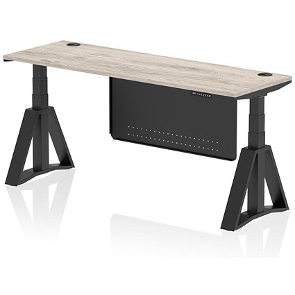 Air Modesty 1800mm Slim Height Adjustable Cable Ports Desk, Black Leg and Modesty Panel, Grey Oak