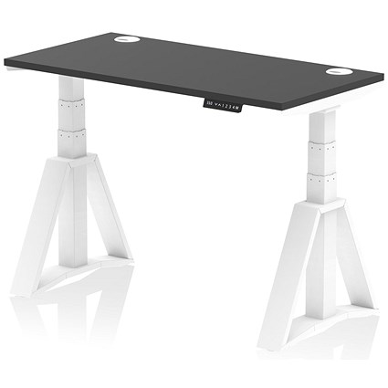 Air 1200mm Slim Height Adjustable Cable Ports Desk, White Leg with Piste Foot, Black