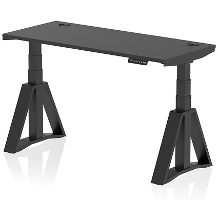 Air 1400mm Slim Height Adjustable Cable Ports Desk, Black Leg with Piste Foot, Black