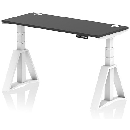 Air 1400mm Slim Height Adjustable Cable Ports Desk, White Leg with Piste Foot, Black