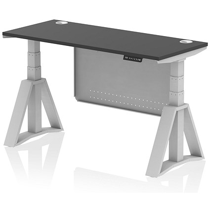 Air Modesty 1400mm Slim Height Adjustable Cable Ports Desk, Silver Leg and Modesty Panel, Black