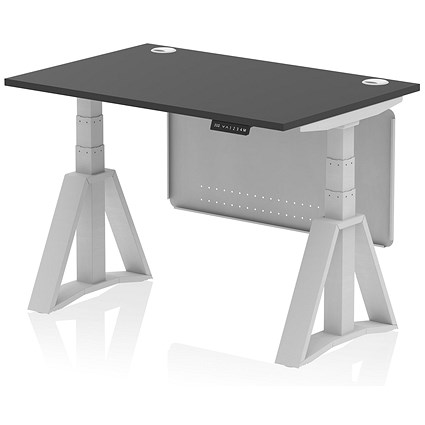 Air Modesty 1200mm Height Adjustable Cable Port Desk, Silver Leg with Piste Foot and Modesty Panel, Black