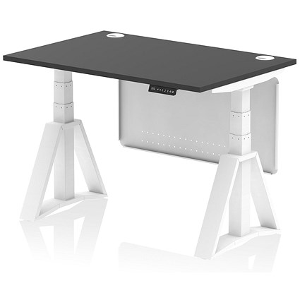 Air Modesty 1200mm Height Adjustable Cable Port Desk, White Leg with Piste Foot and Modesty Panel, Black