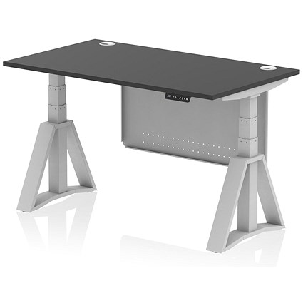 Air Modesty 1400mm Height Adjustable Cable Port Desk, Silver Leg with Piste Foot and Modesty Panel, Black Air Modesty 1400mm Height Adjustable Cable Port Desk, Silver Leg with Piste Foot and Modesty Panel, Black
