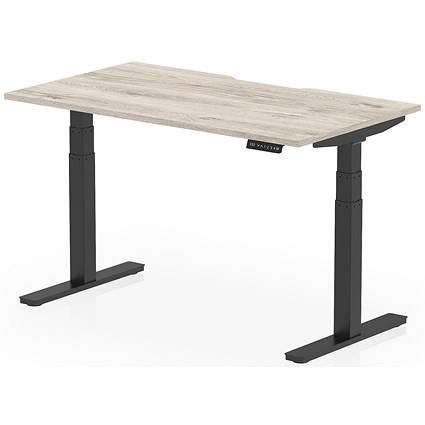 Air 1400mm Scalloped Edge Height Adjustable Desk, Black Leg, Grey Oak Air 1400mm Scalloped Edge Height Adjustable Desk, Black Leg, Grey Oak