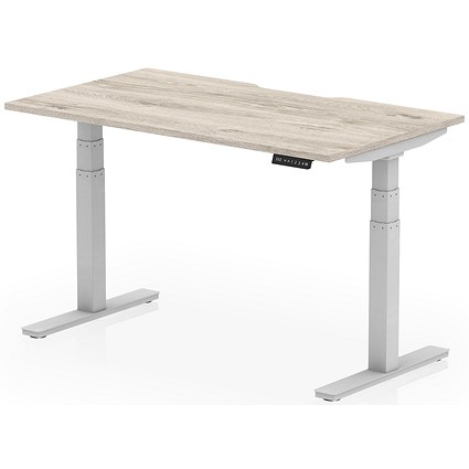 Air 1400mm Scalloped Edge Height Adjustable Desk, Silver Leg, Grey Oak