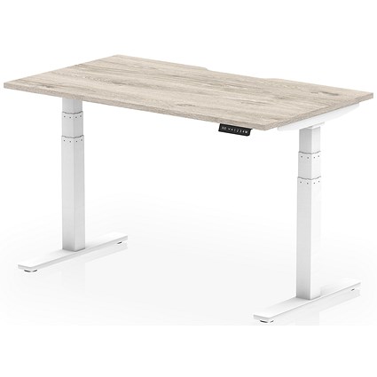 Air 1400mm Scalloped Edge Height Adjustable Desk, White Leg, Grey Oak