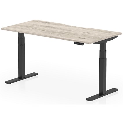 Air 1600mm Scalloped Edge Height Adjustable Desk, Black Leg, Grey Oak