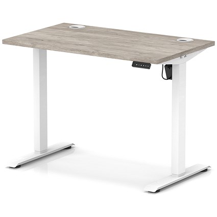 Air Lite 1000mm Slim Height Adjustable Office Desk, White Leg, Grey Oak