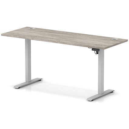 Air Lite 1600mm Slim Height Adjustable Office Desk, Silver Leg, Grey Oak