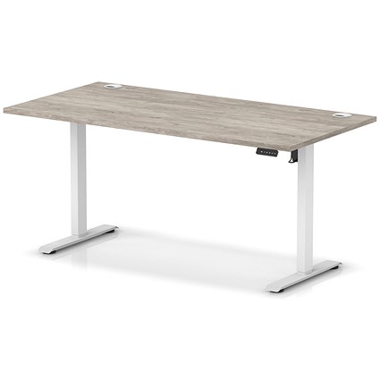 Air Lite 1600mm Height Adjustable Office Desk, White Leg, Grey Oak