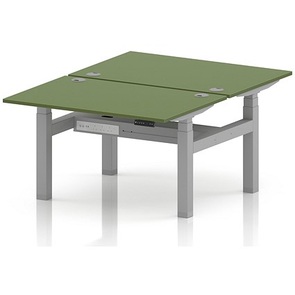 Air 2 Person Sit-Standing Bench Desk, Back-to-Back, 2 x 1200 (800mm Deep), Silver Frame, Moss Green
