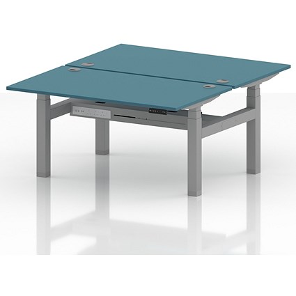 Air 2 Person Sit-Standing Bench Desk, Back to Back, 2 x 1400mm (800mm Deep), Silver Frame, Dark Teal