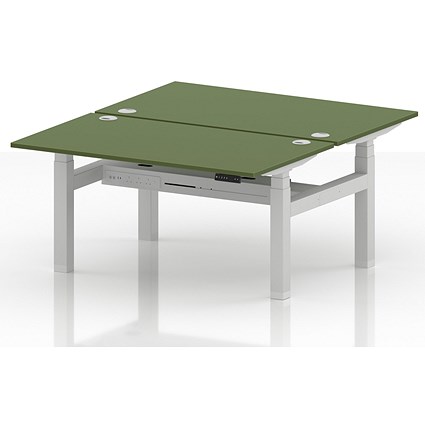 Air 2 Person Sit-Standing Bench Desk, Back to Back, 2 x 1400mm (800mm Deep), White Frame, Moss Green