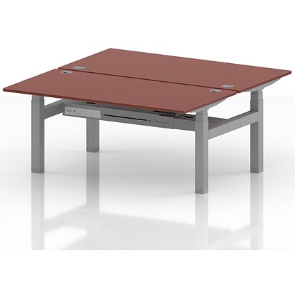 Air 2 Person Sit-Standing Bench Desk, Back to Back, 2 x 1600mm (800mm Deep), Silver Frame, Brick Red