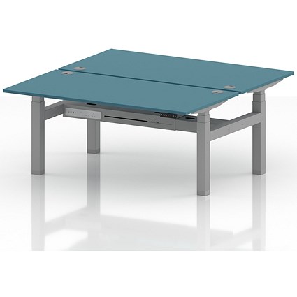 Air 2 Person Sit-Standing Bench Desk, Back to Back, 2 x 1600mm (800mm Deep), Silver Frame, Dark Teal