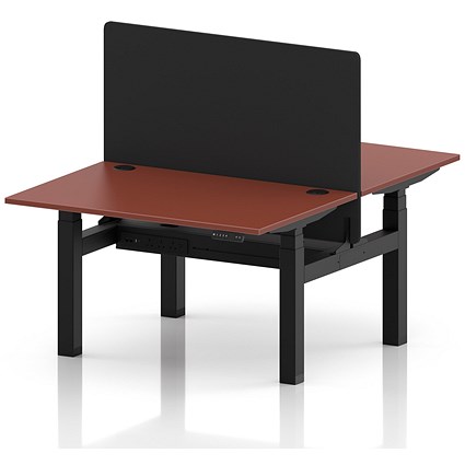 Air 2 Person Sit-Standing Bench Desk with Black Straight Screen, Back-to-Back, 2 x 1200 (800mm Deep), Black Frame, Brick Red
