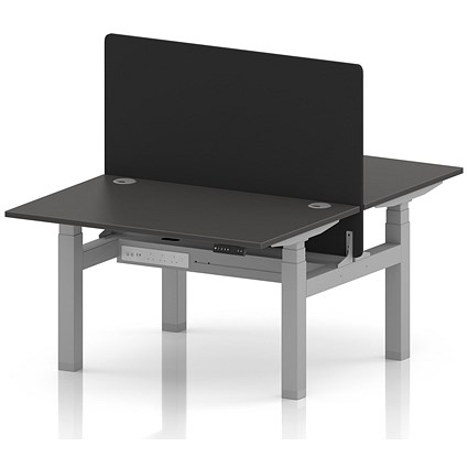 Air 2 Person Sit-Standing Bench Desk with Black Straight Screen, Back-to-Back, 2 x 1200 (800mm Deep), Silver Frame, Carbon Grey