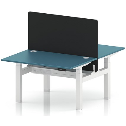 Air 2 Person Sit-Standing Bench Desk with Black Straight Screen, Back-to-Back, 2 x 1200 (800mm Deep), White Frame, Dark Teal