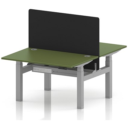 Air 2 Person Sit-Standing Bench Desk with Black Straight Screen, Back-to-Back, 2 x 1200 (800mm Deep), Silver Frame, Moss Green