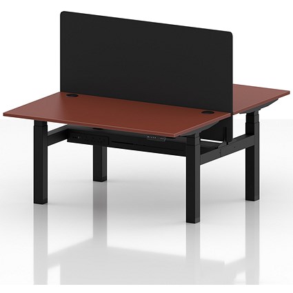 Air 2 Person Sit-Standing Bench Desk with Black Straight Screen, Back to Back, 2 x 1400mm (800mm Deep), Black Frame, Brick Red
