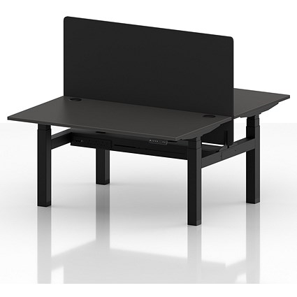 Air 2 Person Sit-Standing Bench Desk with Black Straight Screen, Back to Back, 2 x 1400mm (800mm Deep), Black Frame, Carbon Grey
