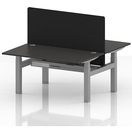 Air 2 Person Sit-Standing Bench Desk with Black Straight Screen, Back to Back, 2 x 1400mm (800mm Deep), Silver Frame, Carbon Grey