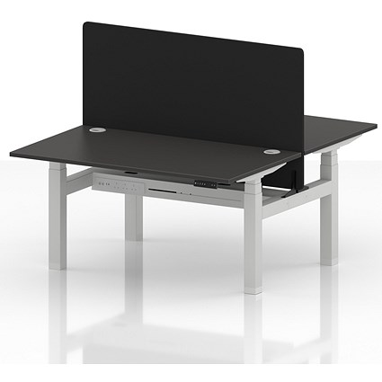 Air 2 Person Sit-Standing Bench Desk with Black Straight Screen, Back to Back, 2 x 1400mm (800mm Deep), White Frame, Carbon Grey
