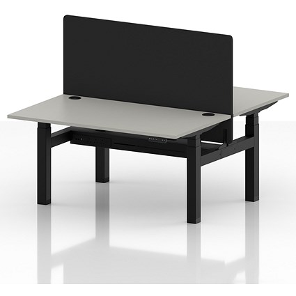 Air 2 Person Sit-Standing Bench Desk with Black Straight Screen, Back to Back, 2 x 1400mm (800mm Deep), Black Frame, Dove Grey