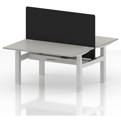 Air 2 Person Sit-Standing Bench Desk with Black Straight Screen, Back to Back, 2 x 1400mm (800mm Deep), White Frame, Dove Grey
