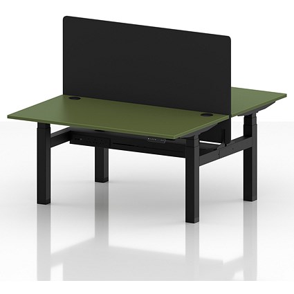 Air 2 Person Sit-Standing Bench Desk with Black Straight Screen, Back to Back, 2 x 1400mm (800mm Deep), Black Frame, Moss Green