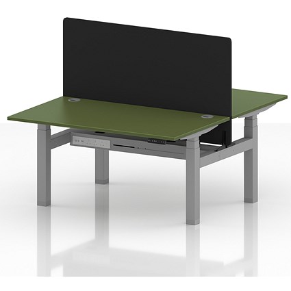 Air 2 Person Sit-Standing Bench Desk with Black Straight Screen, Back to Back, 2 x 1400mm (800mm Deep), Silver Frame, Moss Green
