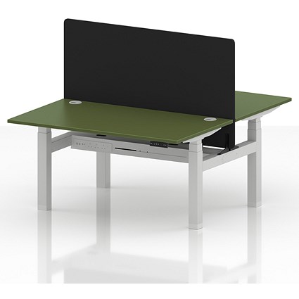 Air 2 Person Sit-Standing Bench Desk with Black Straight Screen, Back to Back, 2 x 1400mm (800mm Deep), White Frame, Moss Green