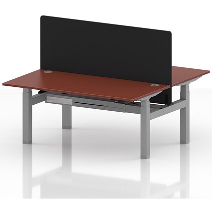 Air 2 Person Sit-Standing Bench Desk with Black Straight Screen, Back to Back, 2 x 1600mm (800mm Deep), Silver Frame, Brick Red