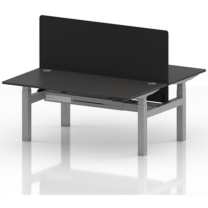 Air 2 Person Sit-Standing Bench Desk with Black Straight Screen, Back to Back, 2 x 1600mm (800mm Deep), Silver Frame, Carbon Grey
