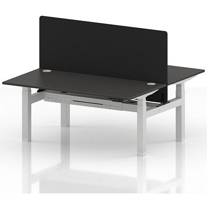 Air 2 Person Sit-Standing Bench Desk with Black Straight Screen, Back to Back, 2 x 1600mm (800mm Deep), White Frame, Carbon Grey