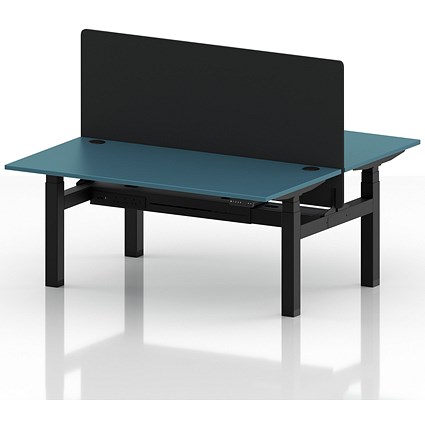 Air 2 Person Sit-Standing Bench Desk with Black Straight Screen, Back to Back, 2 x 1600mm (800mm Deep), Black Frame, Dark Teal