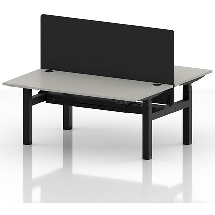 Air 2 Person Sit-Standing Bench Desk with Black Straight Screen, Back to Back, 2 x 1600mm (800mm Deep), Black Frame, Dove Grey