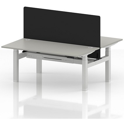 Air 2 Person Sit-Standing Bench Desk with Black Straight Screen, Back to Back, 2 x 1600mm (800mm Deep), White Frame, Dove Grey