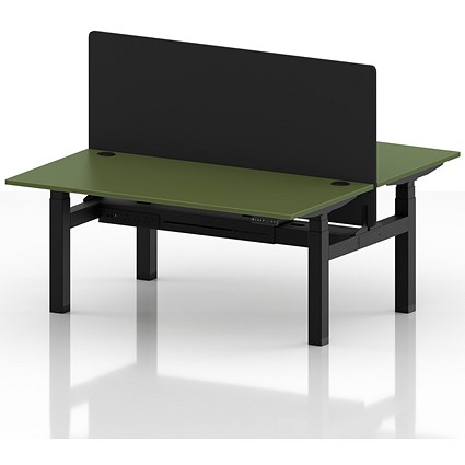 Air 2 Person Sit-Standing Bench Desk with Black Straight Screen, Back to Back, 2 x 1600mm (800mm Deep), Black Frame, Moss Green