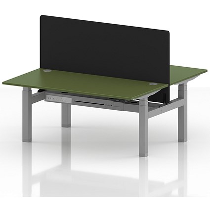 Air 2 Person Sit-Standing Bench Desk with Black Straight Screen, Back to Back, 2 x 1600mm (800mm Deep), Silver Frame, Moss Green